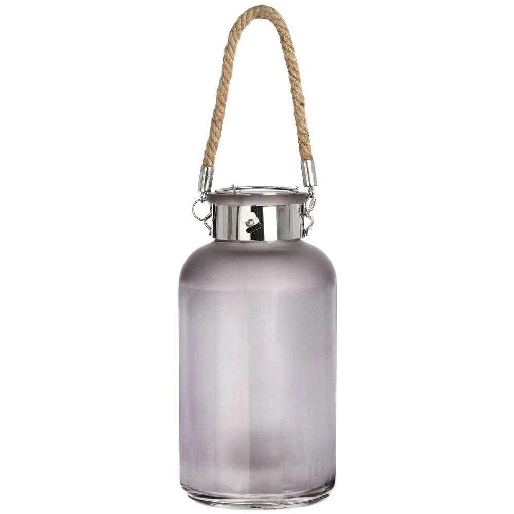 Hill Interiors LED Frosted Grey Glass Lantern With Rope Detail 1 Hill Interiors LED Frosted Grey Glass Lantern With Rope Detail