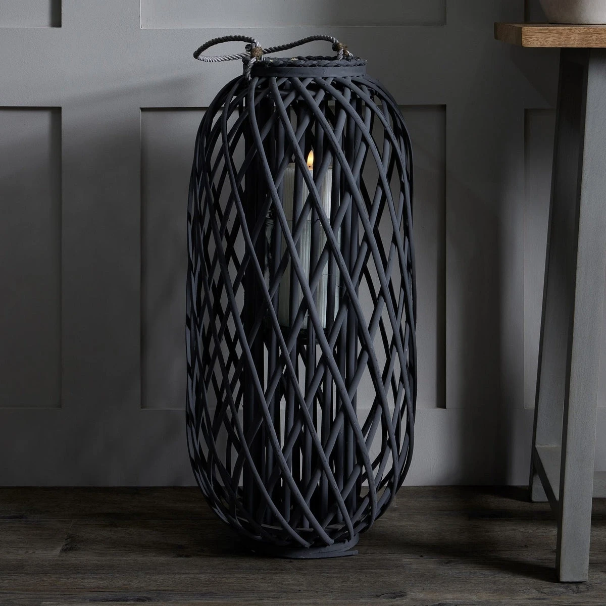 Hill Interiors Standing Wicker Lantern In Grey 4 Hill Interiors Standing Wicker Lantern In Grey - Image 4