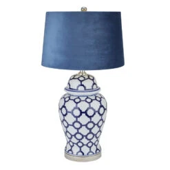 Hill Interiors Acanthus Blue And White Ceramic Lamp With Blue Velvet Shade