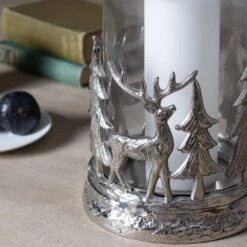 Hill Interiors Stag Scene Hurricane Lantern In Silver -Best Home Decor Store 22705 c