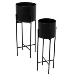 Hill Interiors Set Of Two Matt Black Planters On Stand