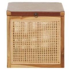 Premier® Olivia's Katherine Box In Teak Wood Natural Rattan & Antique Brown Leather -Best Home Decor Store 5528415 nos0100
