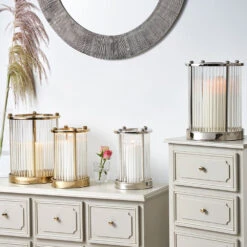 Olivia's Lilia Large Gold Metal And Clear Textured Glass Hurricane -Best Home Decor Store 70 630 GO L zz z05