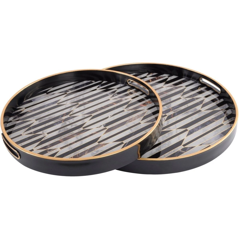 Libra Set Of Two Black And Antique Gold Geometric Pattern Trays | Outlet 1 Libra Set Of Two Black And Antique Gold Geometric Pattern Trays | Outlet