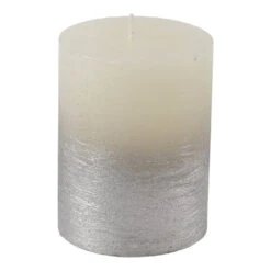Libra Interiors White Pillar Candle With Metallic Silver Ombre Base 10X20 Cm