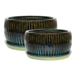 Ivyline Set Of 2 Round Reactive Glaze Bonsai Planters In Emerald | Outlet