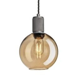 Industville Knurled Tinted Glass Globe Pendant Light In Amber With Pewter Holder